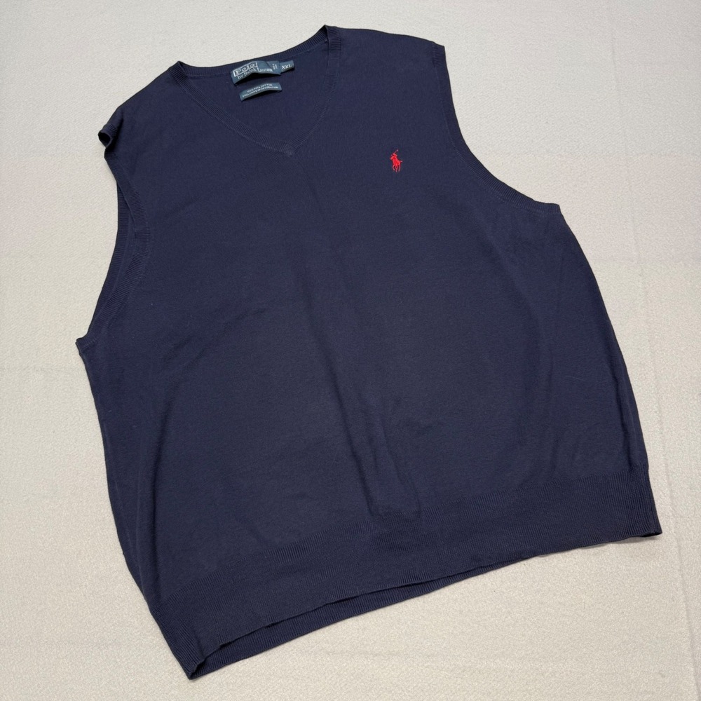 Polo Ralph Lauren Men XXL Navy Blue Pima Cotton V-Neck Sweater Vest Pony VTG